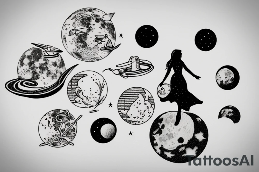 Woman walking on top of the moon with luggage tattoo idea