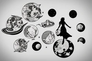 Woman walking on top of the moon with luggage tattoo idea