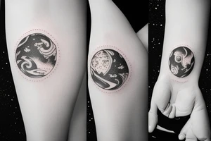 Woman walking on top of the moon with luggage tattoo idea