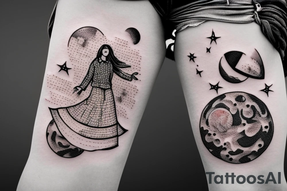 Woman with luggage walking on top of the moon tattoo idea