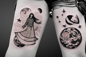 Woman with luggage walking on top of the moon tattoo idea