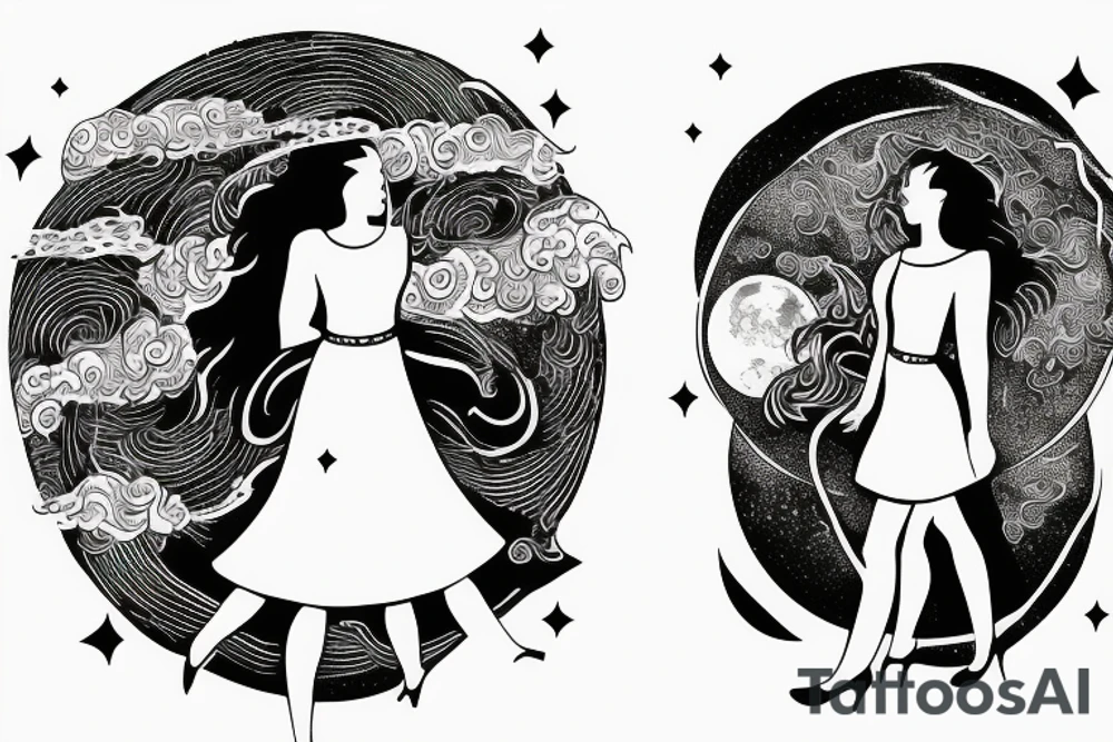 Woman with luggage walking on top of a large moon tattoo idea
