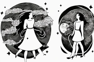 Woman with luggage walking on top of a large moon tattoo idea