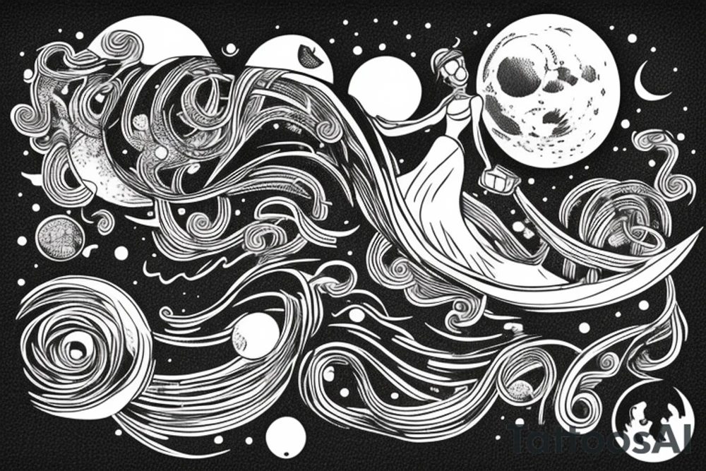 Woman with luggage walking on top of a large moon tattoo idea
