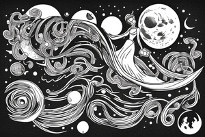 Woman with luggage walking on top of a large moon tattoo idea