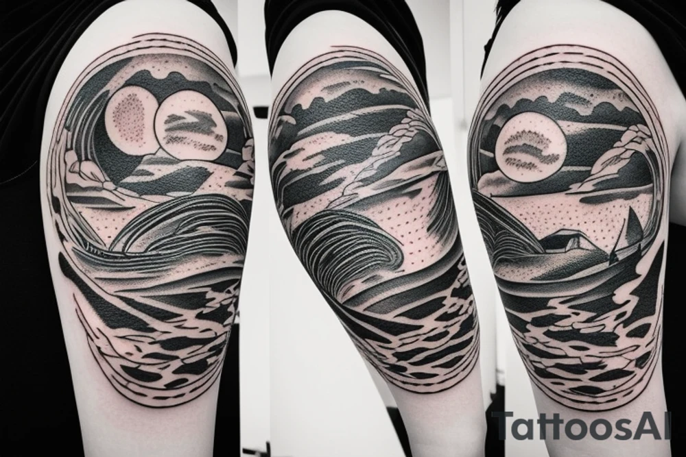 Woman with luggage walking on top of a large moon tattoo idea
