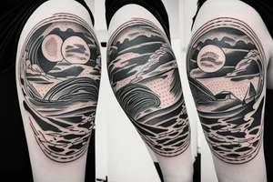 Woman with luggage walking on top of a large moon tattoo idea