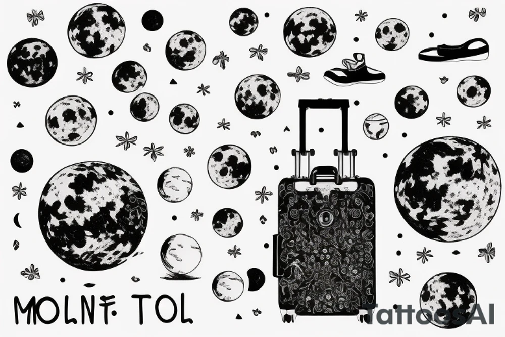 Woman with luggage walking on top of a large moon tattoo idea