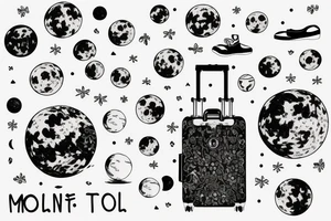Woman with luggage walking on top of a large moon tattoo idea