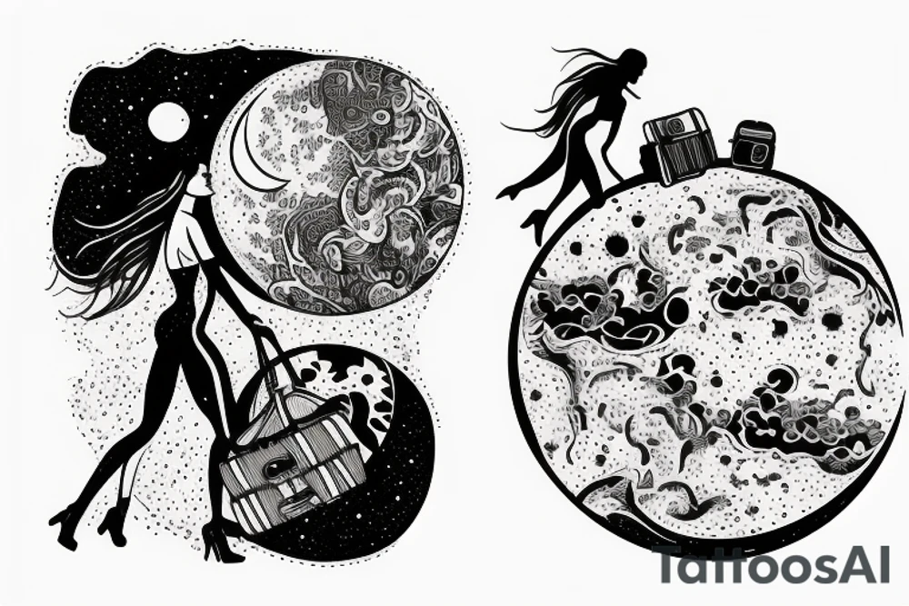 Woman with luggage walking on top of a large moon tattoo idea