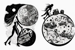 Woman with luggage walking on top of a large moon tattoo idea