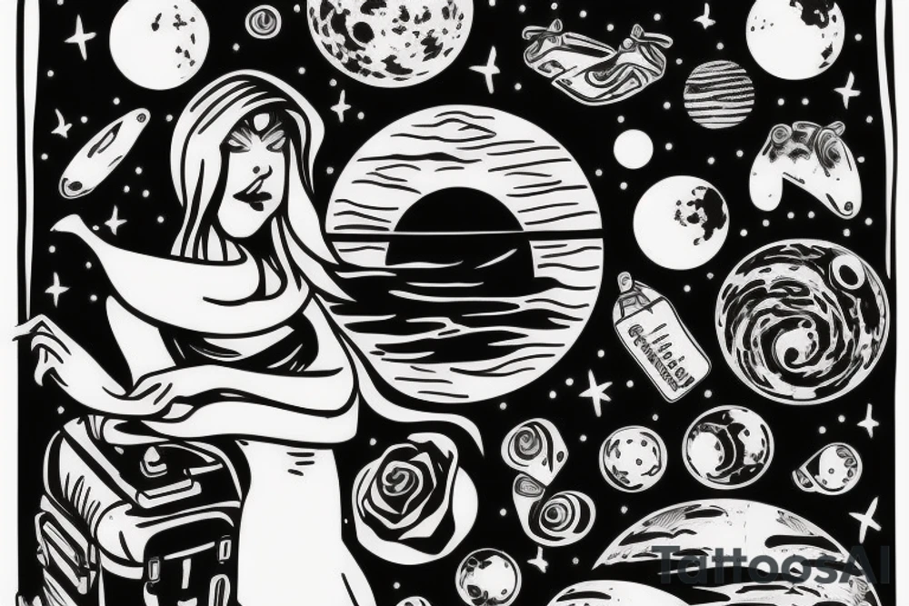 Woman with luggage walking on top of a large moon tattoo idea