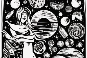 Woman with luggage walking on top of a large moon tattoo idea