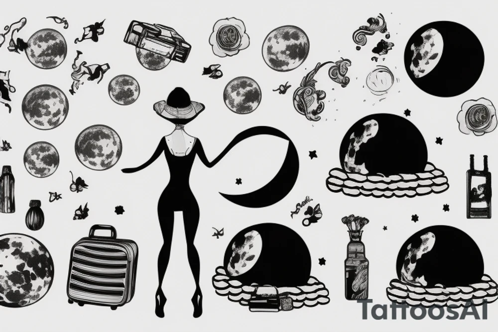 Woman with luggage walking on top of a large moon tattoo idea
