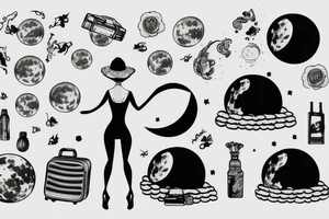 Woman with luggage walking on top of a large moon tattoo idea