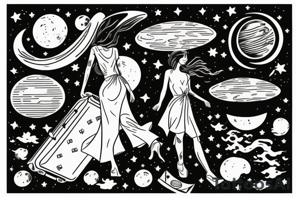 Woman with luggage walking on top of a large moon tattoo idea