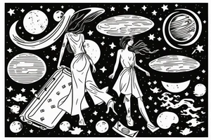 Woman with luggage walking on top of a large moon tattoo idea
