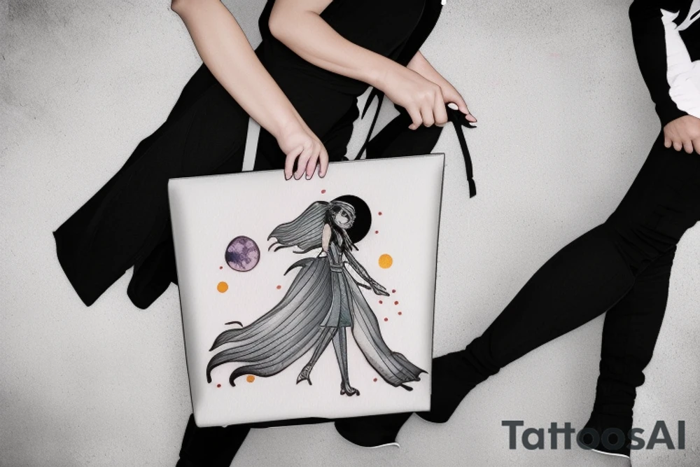 Woman with luggage walking on top of a large moon tattoo idea