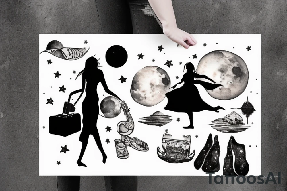 Woman with luggage walking on top of a large moon tattoo idea