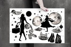 Woman with luggage walking on top of a large moon tattoo idea