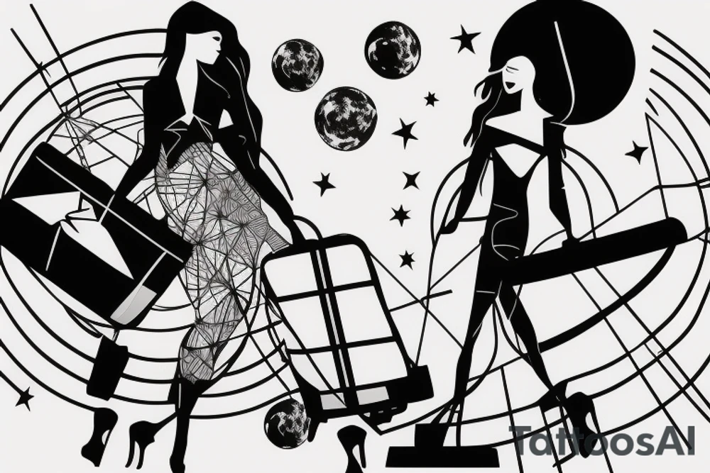 Woman with luggage walking on top of a large moon tattoo idea