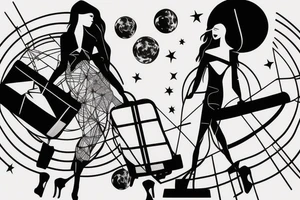 Woman with luggage walking on top of a large moon tattoo idea