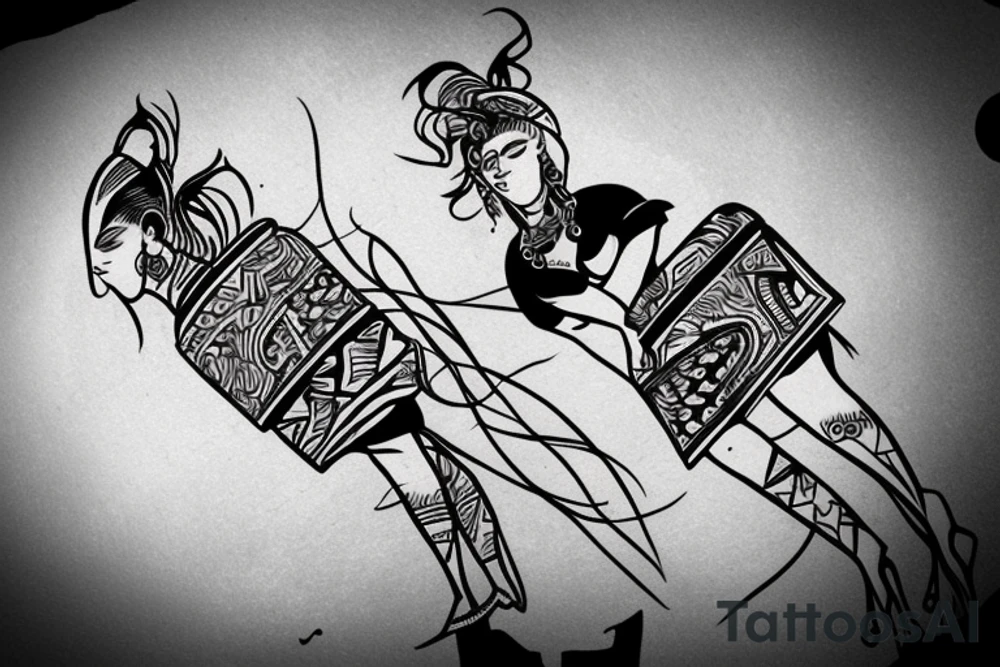 Woman with luggage walking on top of a large moon tattoo idea