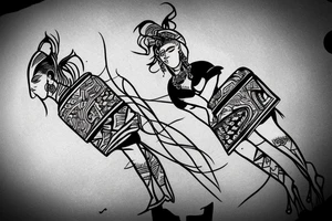 Woman with luggage walking on top of a large moon tattoo idea