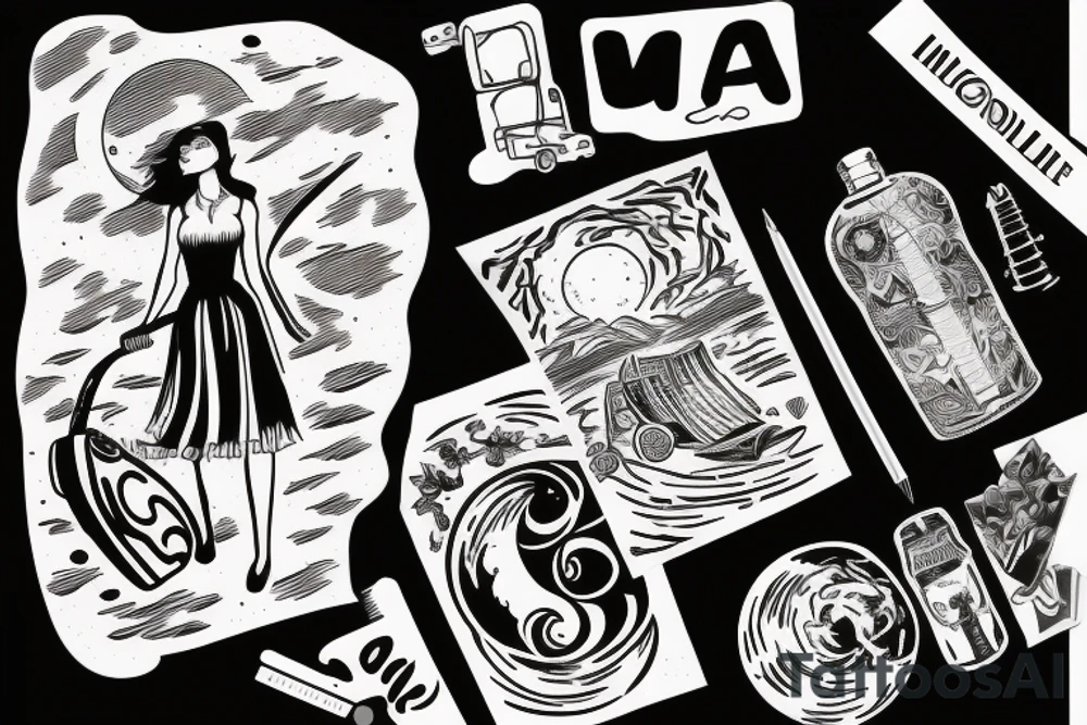 Woman with luggage walking on top of a large moon tattoo idea