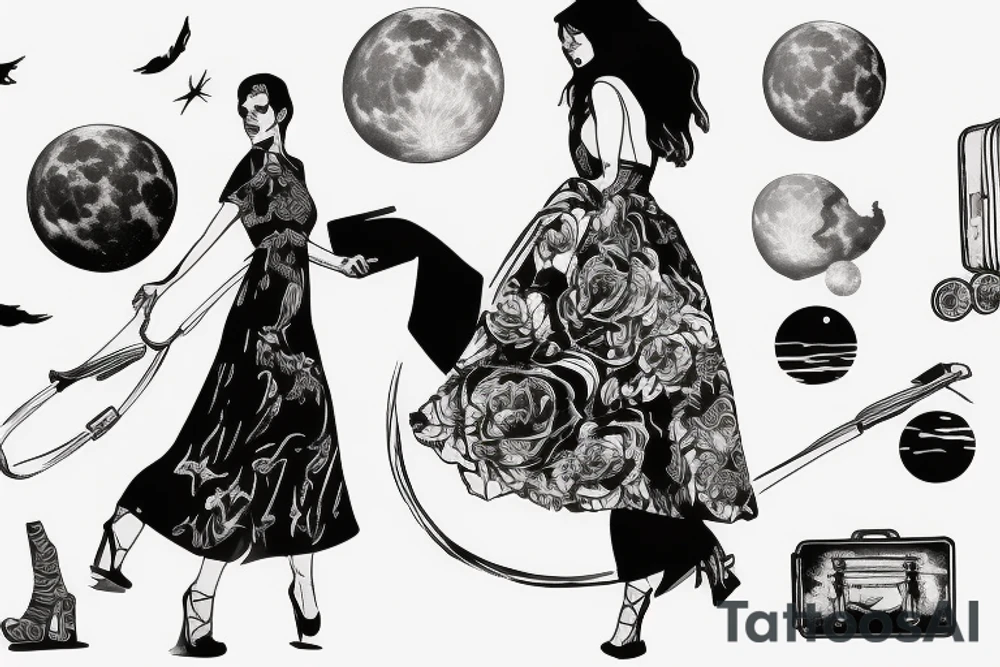 Woman with luggage, walking on top of a large moon tattoo idea