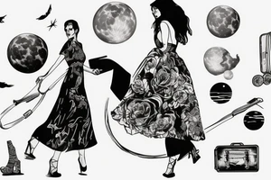 Woman with luggage, walking on top of a large moon tattoo idea