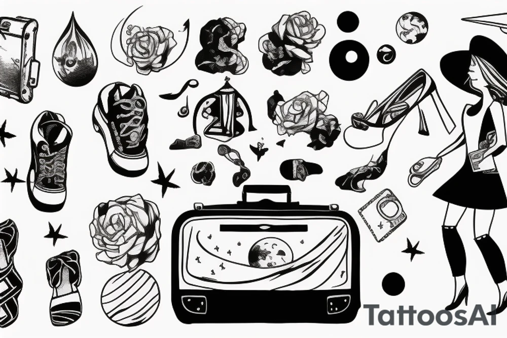 Woman with luggage, walking on top of a large moon tattoo idea