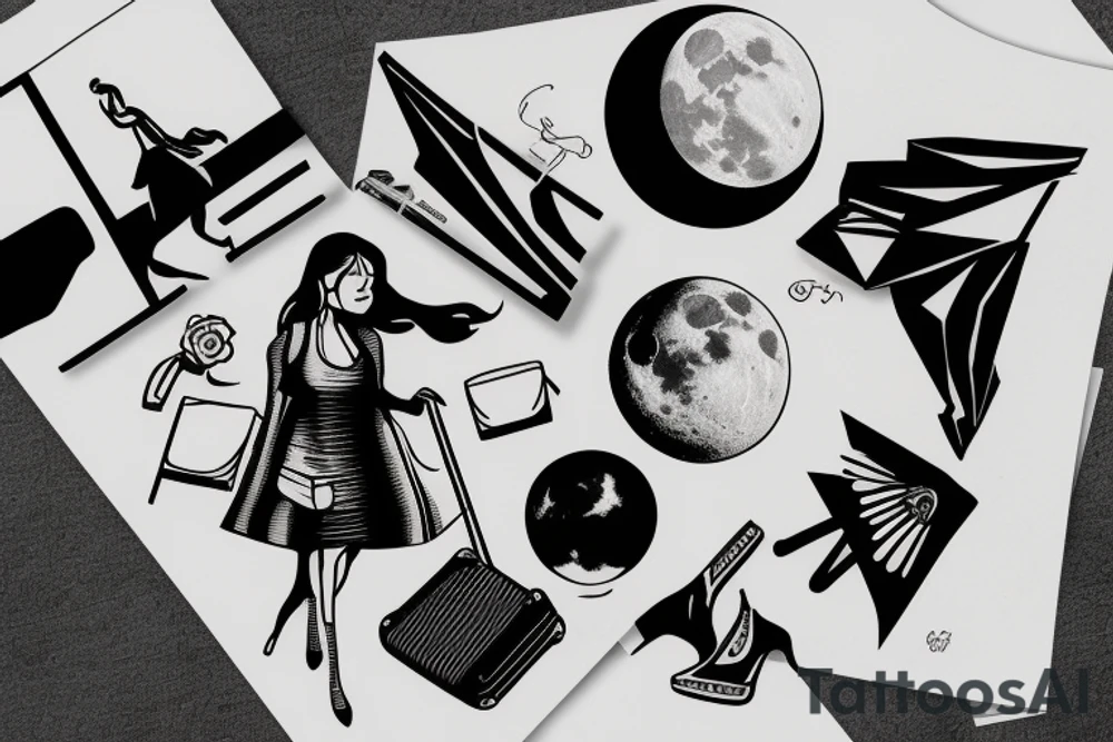 Woman with luggage, walking on top of a large moon tattoo idea