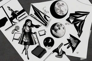 Woman with luggage, walking on top of a large moon tattoo idea