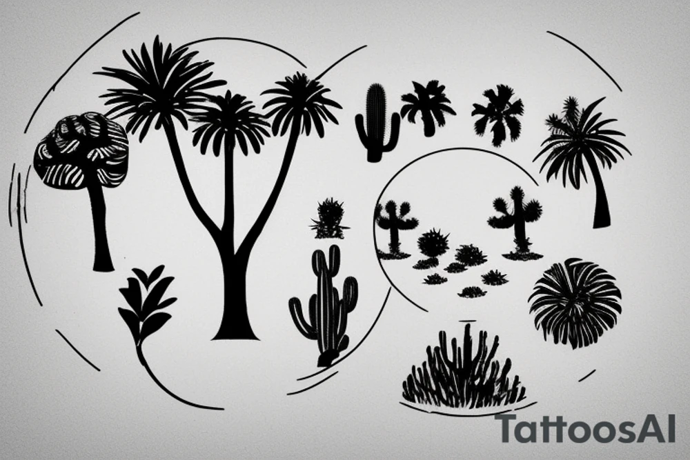 Pine tree, palm tree, cactus in a circle. Vacation. tattoo idea