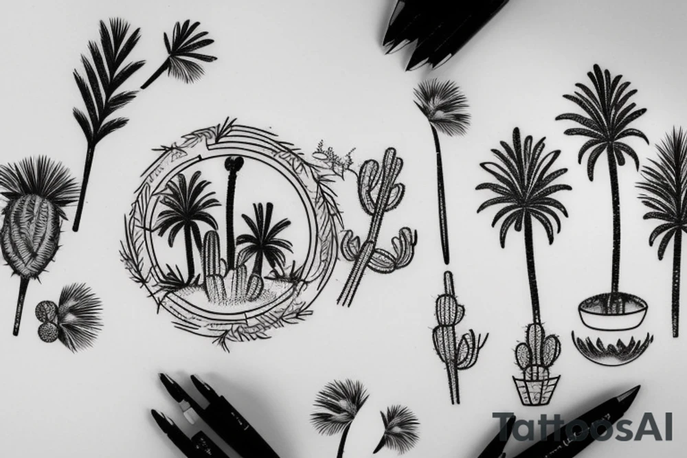 Pine tree, palm tree, cactus in a circle. Vacation. tattoo idea