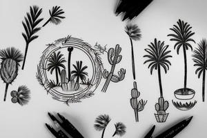 Pine tree, palm tree, cactus in a circle. Vacation. tattoo idea