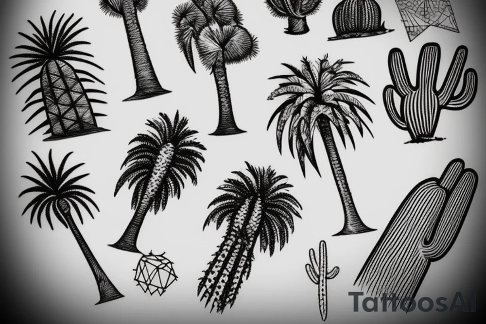 Pine tree, palm tree, cactus in a diamond. Vacation. tattoo idea