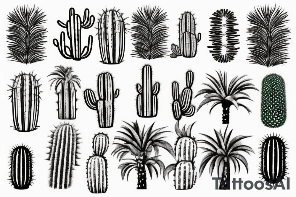 Pine tree, palm tree, cactus, in separate shapes. tattoo idea