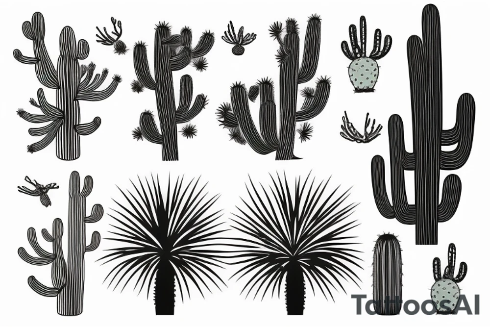 Pine tree, palm tree, cactus, in separate shapes. tattoo idea