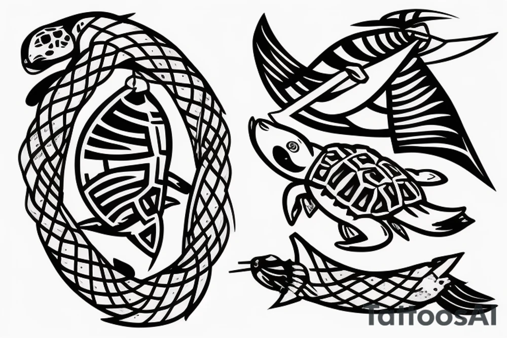 has a swallow, samurai sword,  tribal turtle shellback for crossing the equator tattoo idea