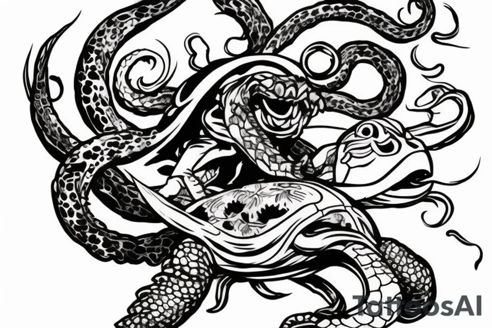 kraken holding a turtle with a swallow flying around it and a samurai fighting the kraken tattoo idea