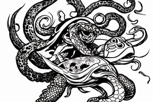 kraken holding a turtle with a swallow flying around it and a samurai fighting the kraken tattoo idea