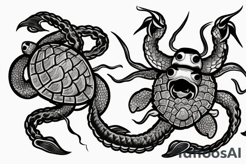 kraken holding a turtle with a swallow flying around it and a samurai fighting the kraken tattoo idea