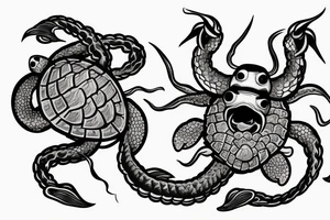 kraken holding a turtle with a swallow flying around it and a samurai fighting the kraken tattoo idea