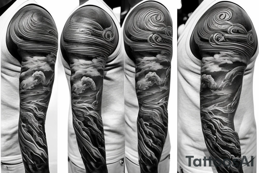 build a full sleeve tattoo with Poseidon and a ship with waves and lightning tattoo idea