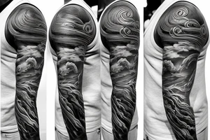build a full sleeve tattoo with Poseidon and a ship with waves and lightning tattoo idea