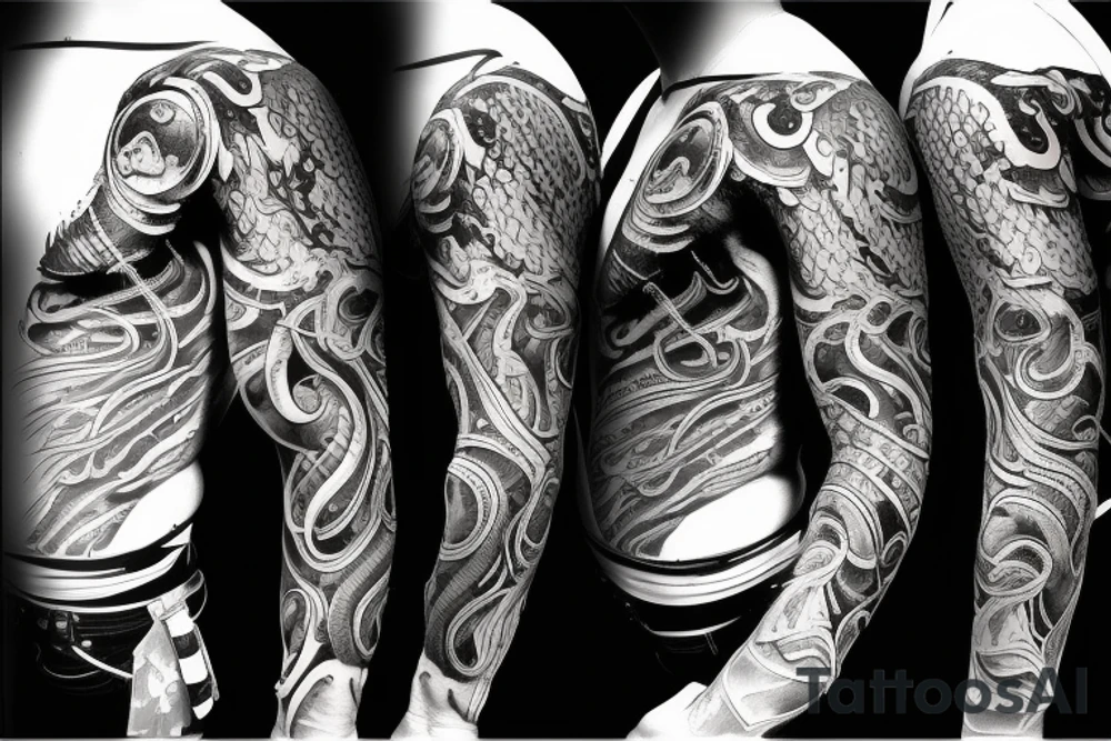 build a full sleeve tattoo with Poseidon and a ship with waves and lightning tattoo idea