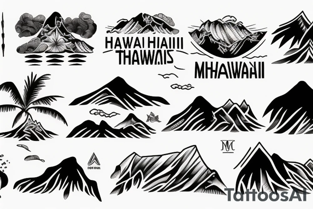 Hawaii theme including mountains and the ocean, letters saying mauka makai tattoo idea