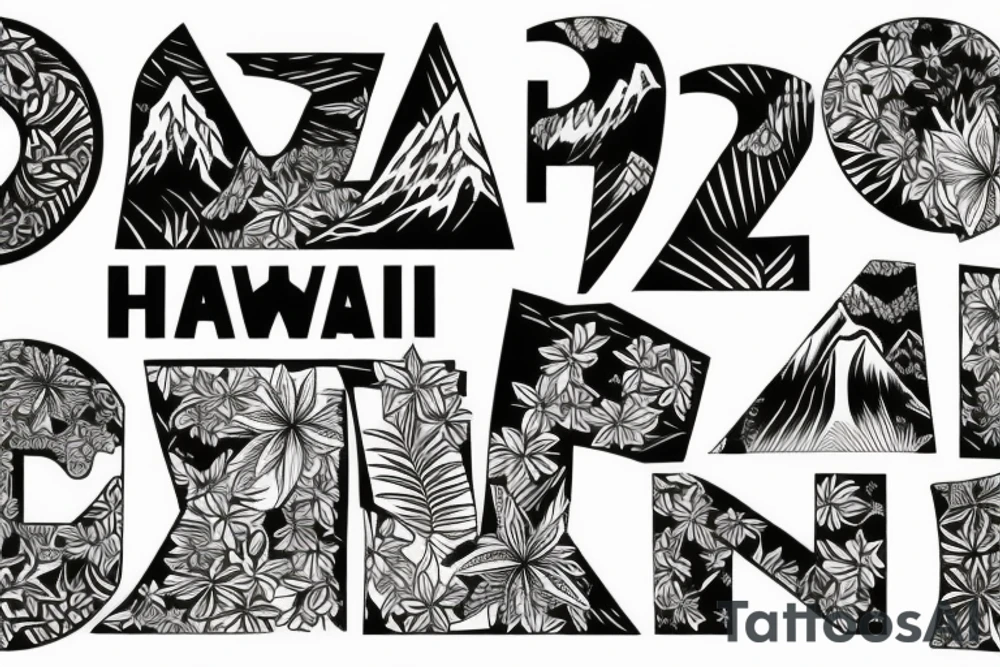 Hawaii theme including mountains and the ocean, letters saying mauka makai tattoo idea